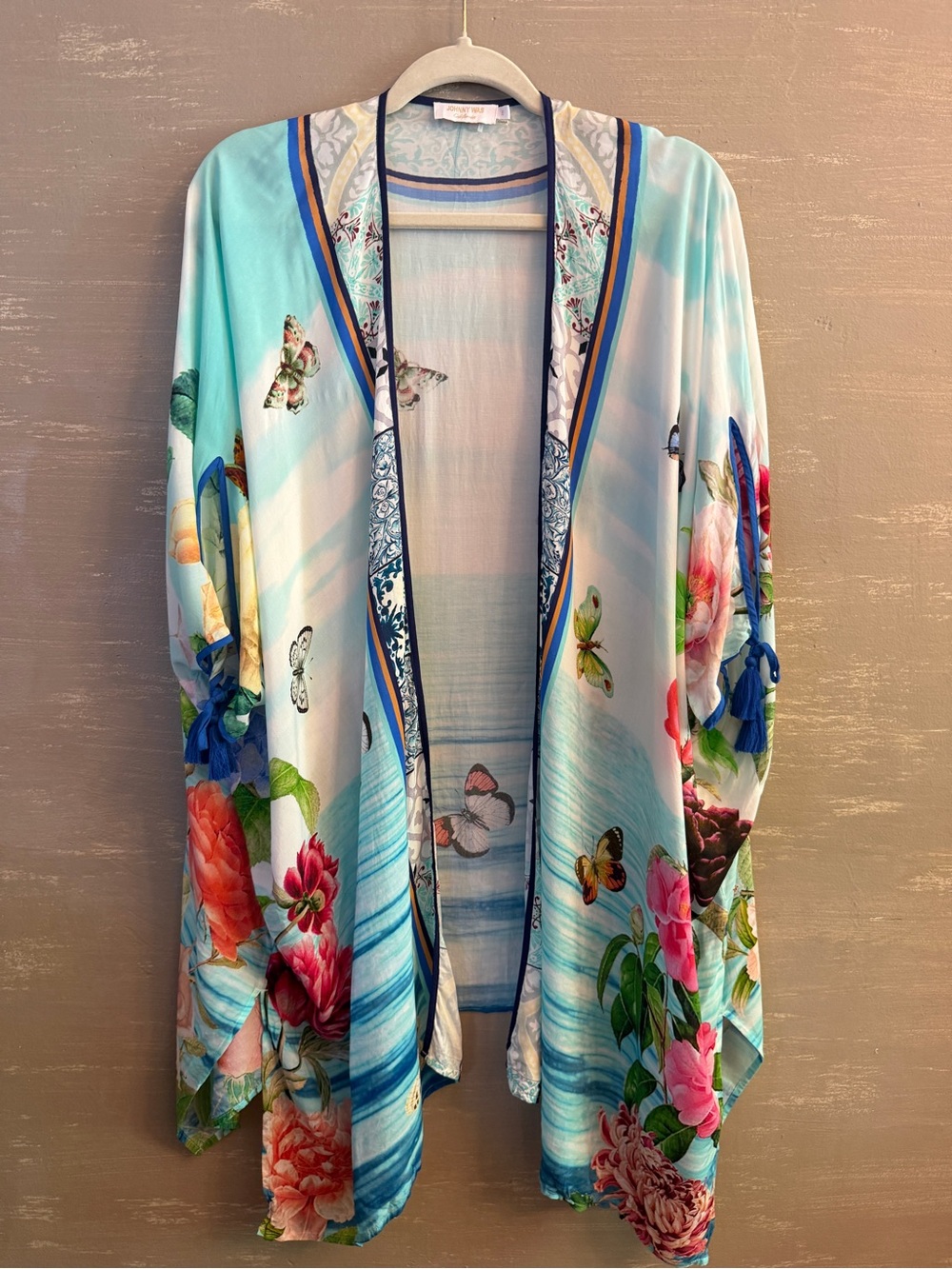 Johnny Was Aqua Floral & Butterfly swimsuit cover-up Kimono Robe